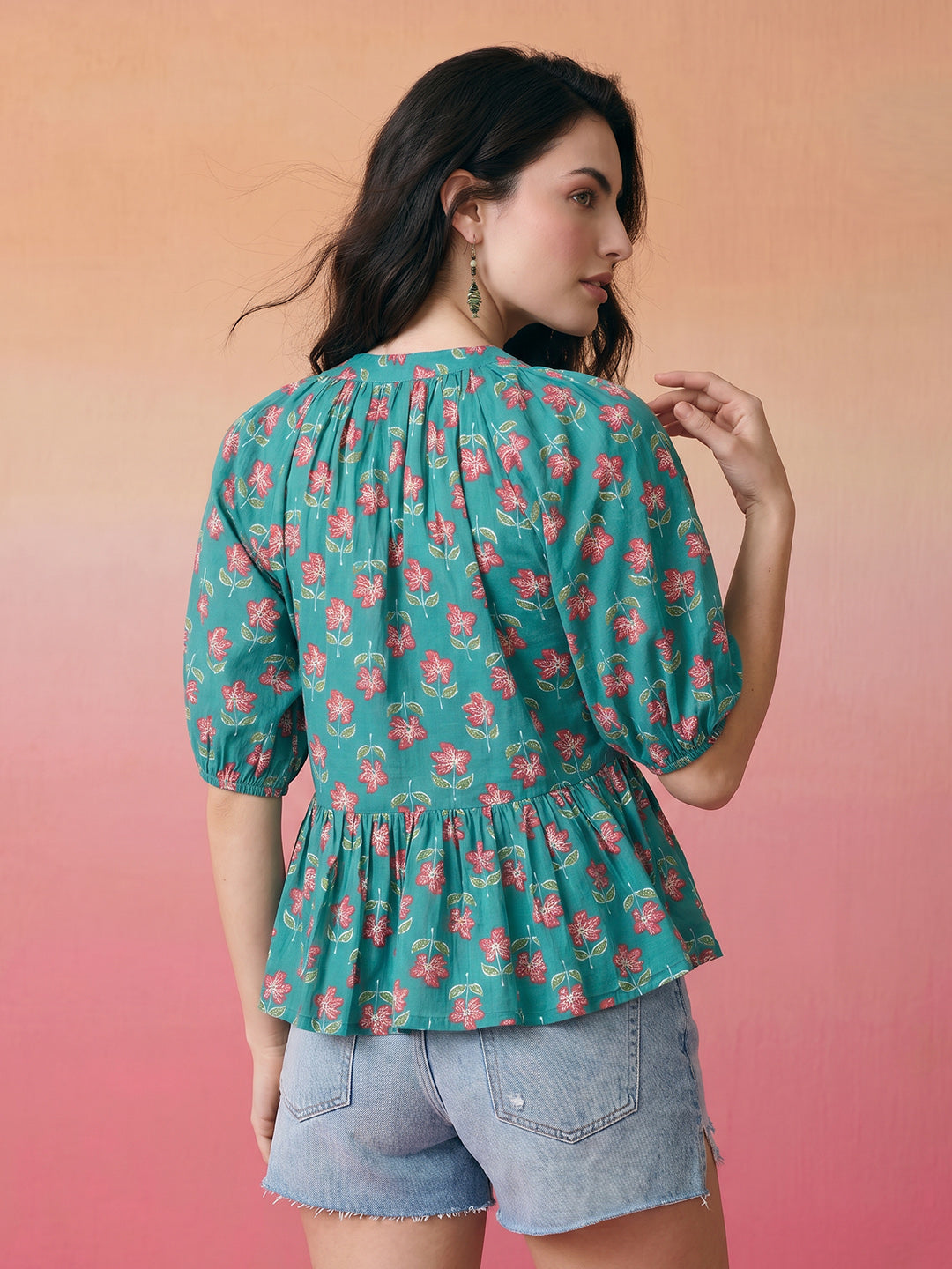 Janasya Teal A-Line Cotton Top - Dista