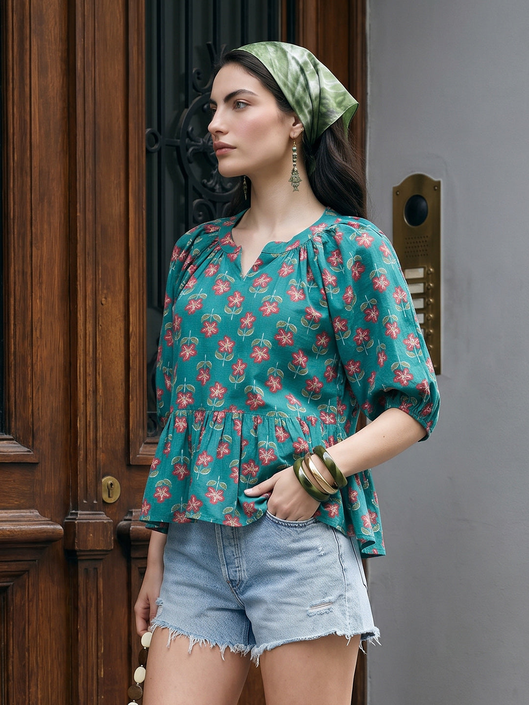 Janasya Teal A-Line Cotton Top - Dista