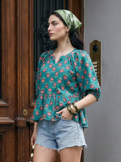Janasya Teal A-Line Cotton Top - Dista