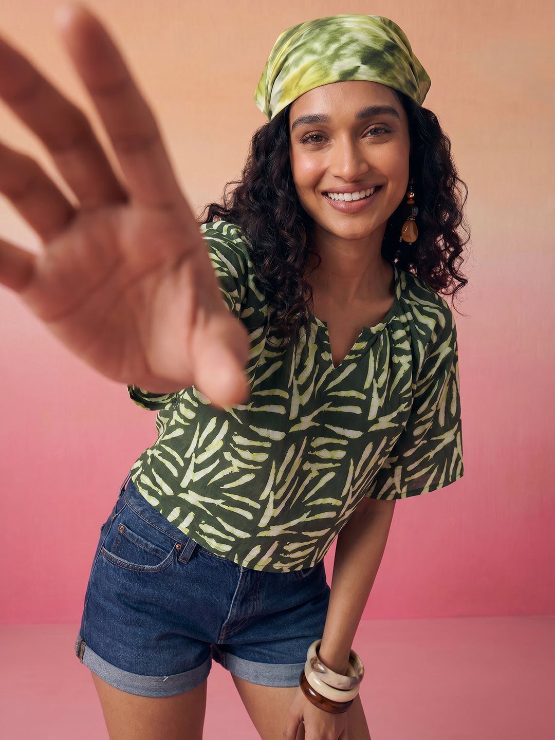 Janasya Olive Crop Cotton Top - Dista