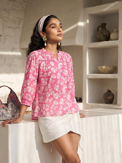 Janasya Pink Shirt Cotton Top - Dista