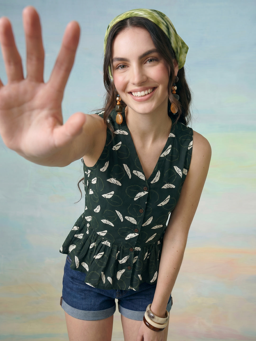 Janasya Dark Green Peplum Cotton Top - Dista