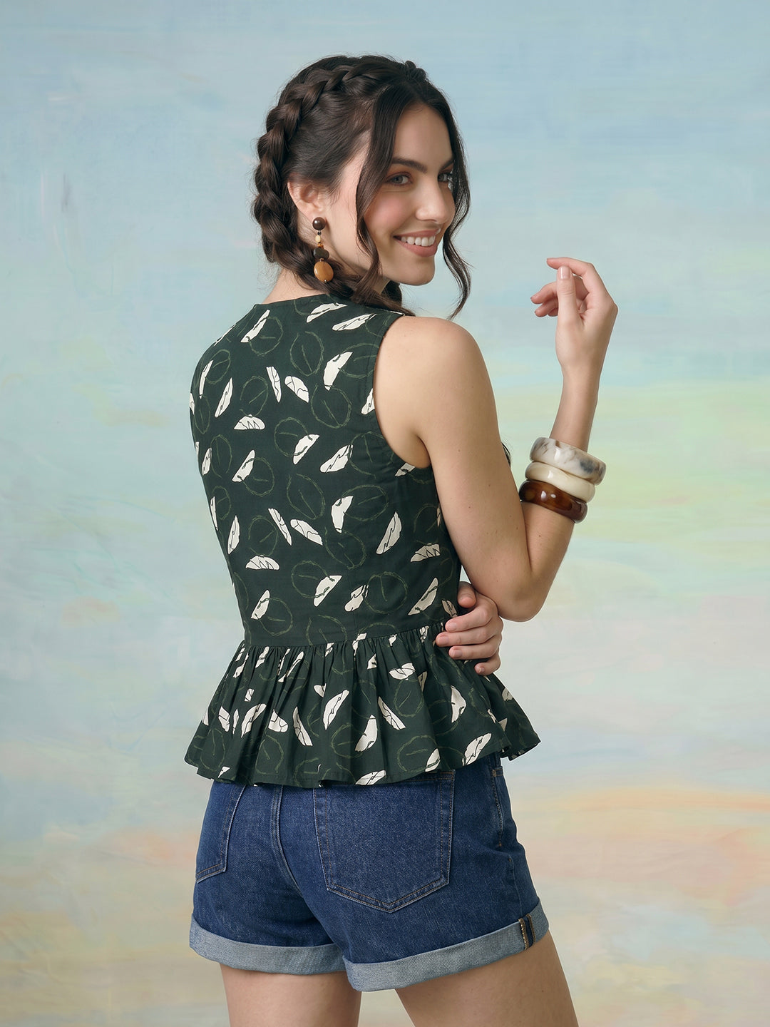 Janasya Dark Green Peplum Cotton Top - Dista