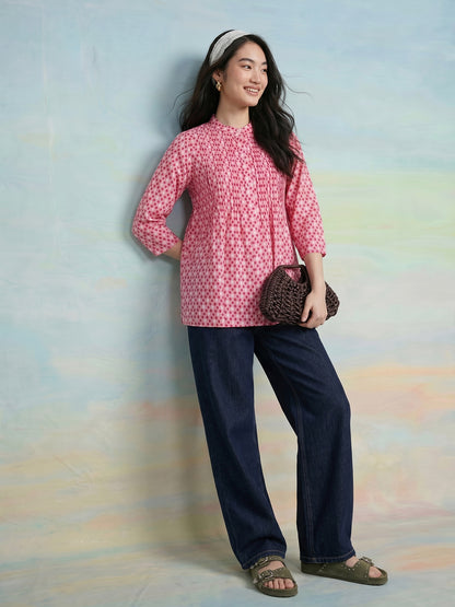 Janasya Pink A-Line Cotton Top - Dista