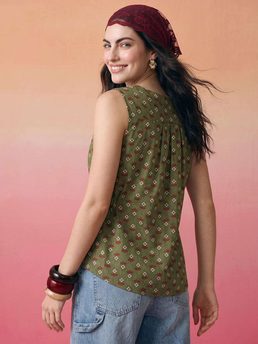 Janasya Olive A-Line Cotton Top - Dista