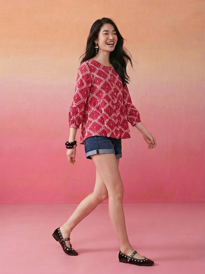 Janasya Magenta A-Line Cotton Top - Dista
