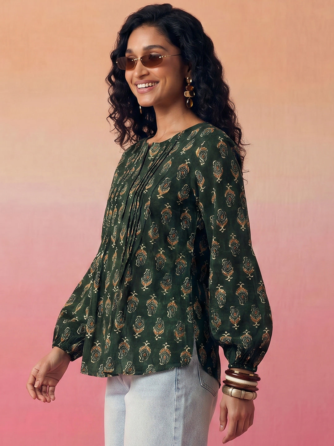 Janasya Dark Green A-Line Cotton Top - Dista