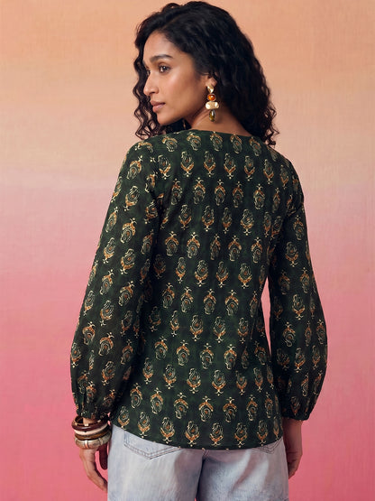 Janasya Dark Green A-Line Cotton Top - Dista