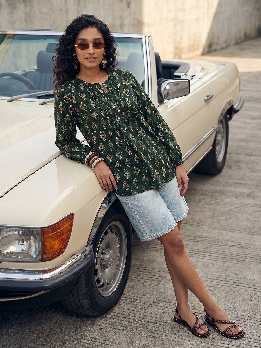 Janasya Dark Green A-Line Cotton Top - Dista