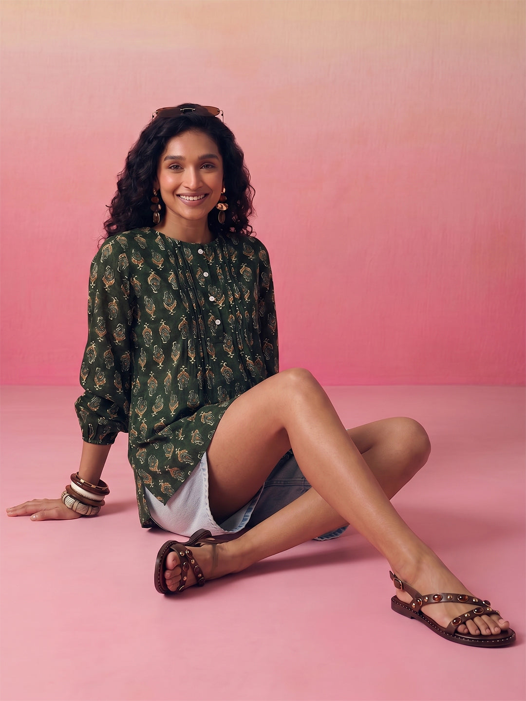 Janasya Dark Green A-Line Cotton Top - Dista