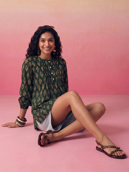 Janasya Dark Green A-Line Cotton Top - Dista