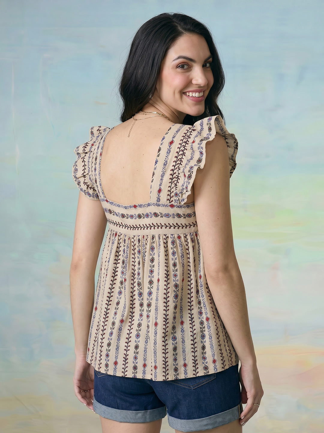 Janasya Beige A-Line Cotton Top - Dista