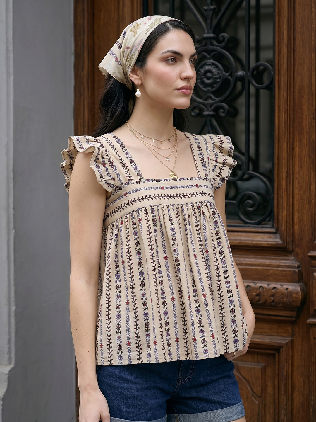 Janasya Beige A-Line Cotton Top - Dista