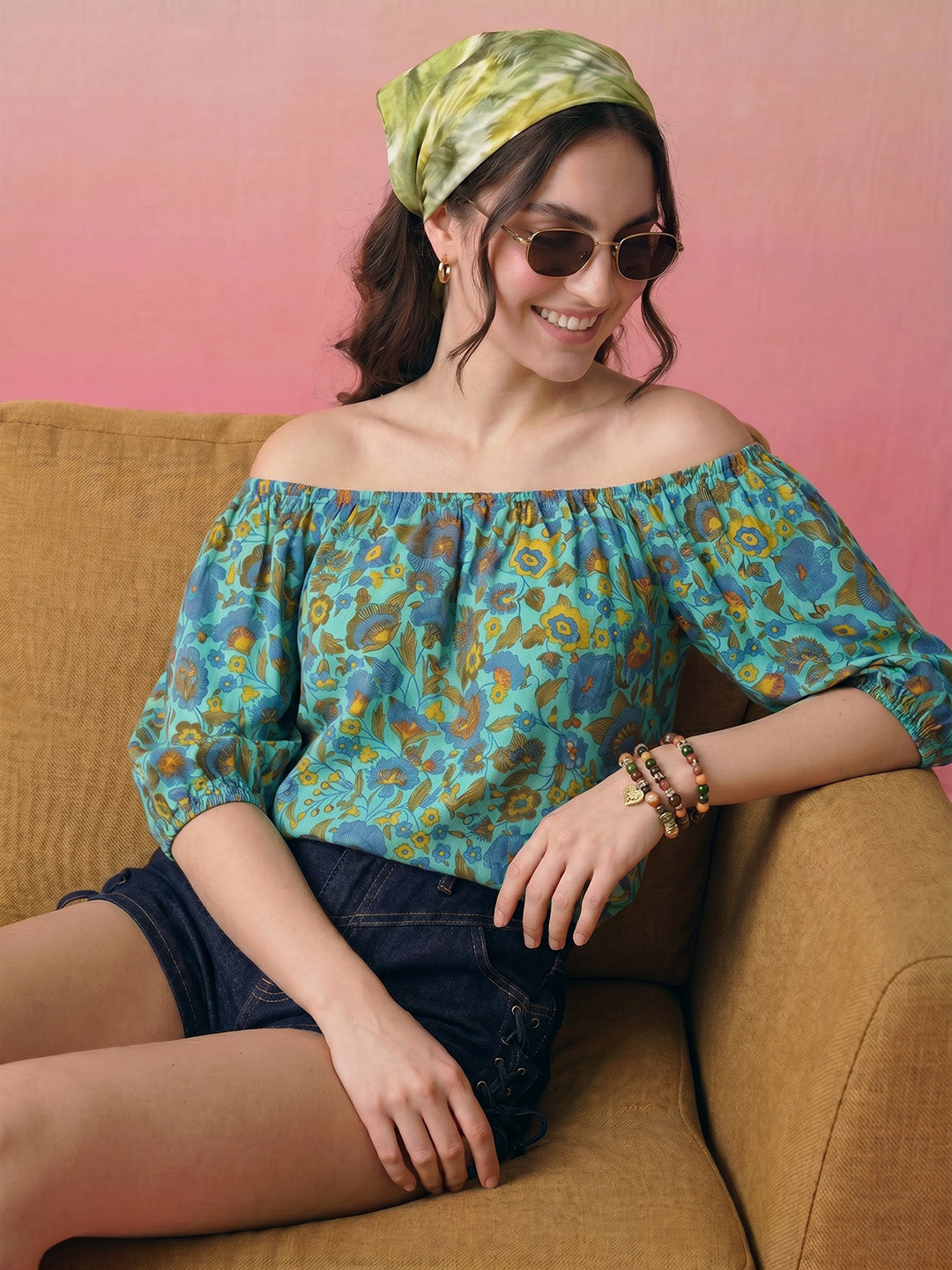 Janasya Blue Crop Cotton Top - Dista