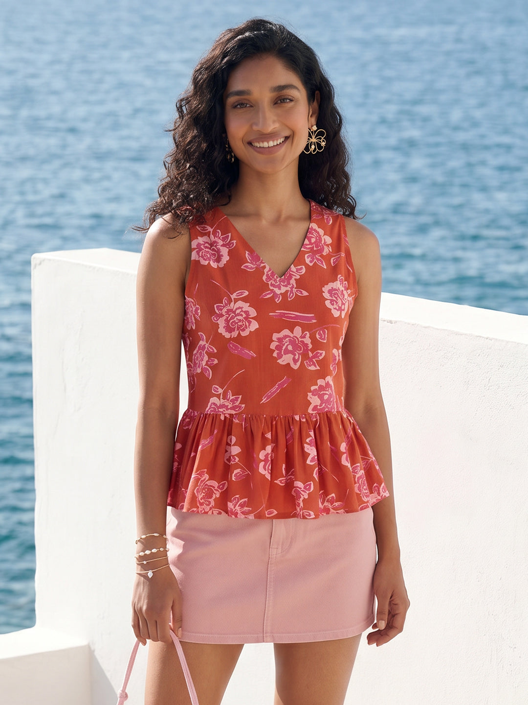 Janasya Rust Peplum Cotton Top - Dista