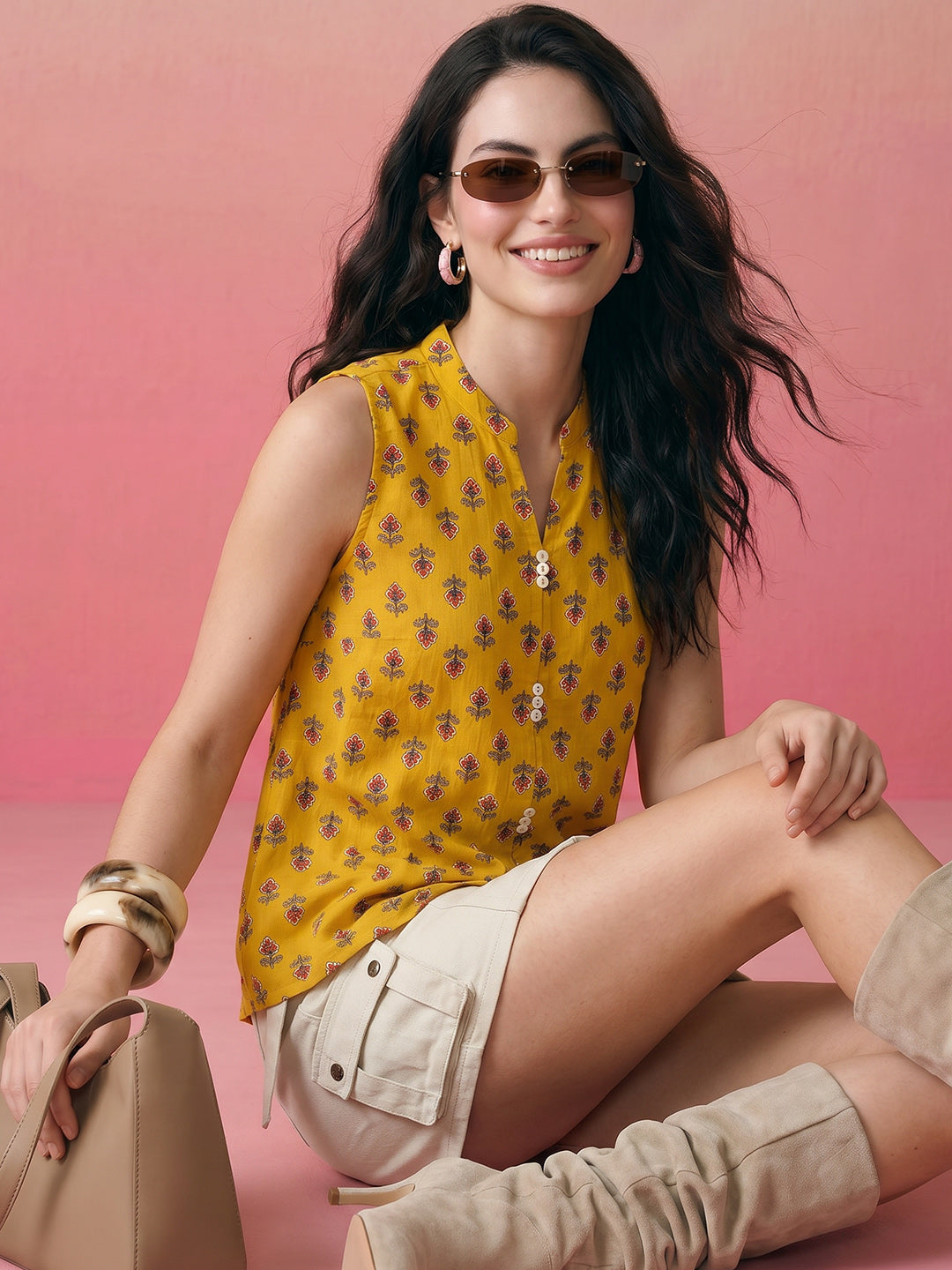 Janasya Mustard Straight Cotton Top - Dista