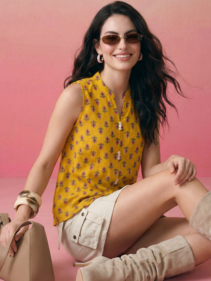 Janasya Mustard Straight Cotton Top - Dista