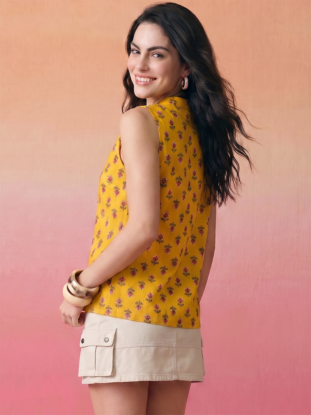 Janasya Mustard Straight Cotton Top - Dista