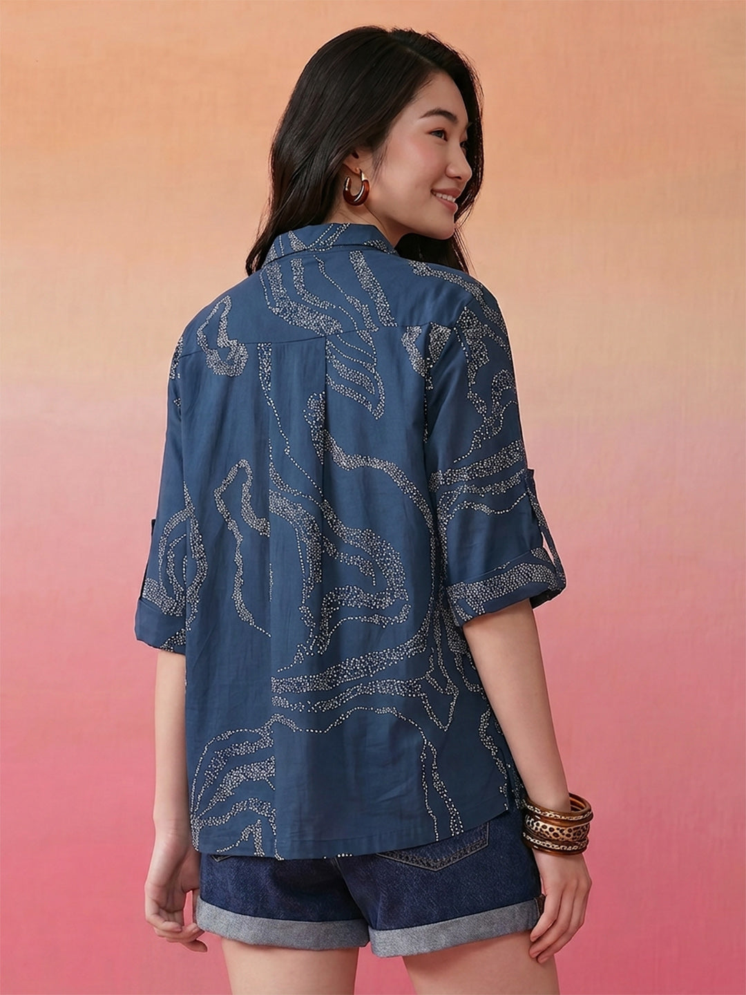 Janasya Blue Shirt Cotton Top - Dista
