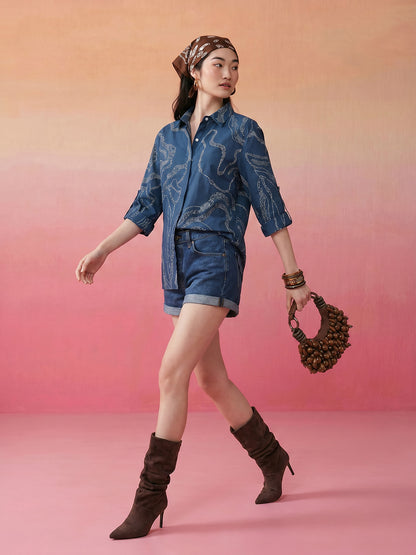 Janasya Blue Shirt Cotton Top - Dista