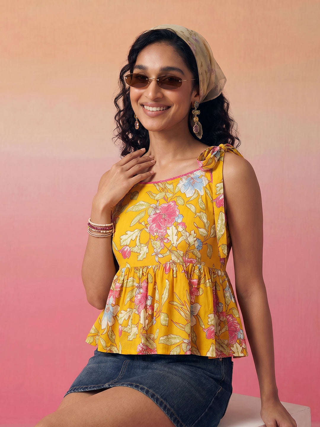 Janasya Mustard Peplum Cotton Top - Dista