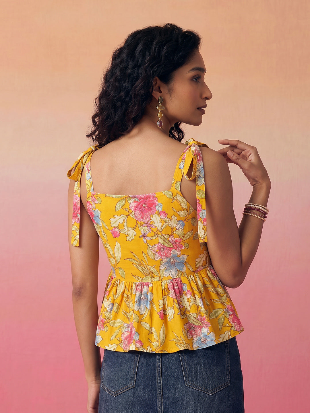 Janasya Mustard Peplum Cotton Top - Dista