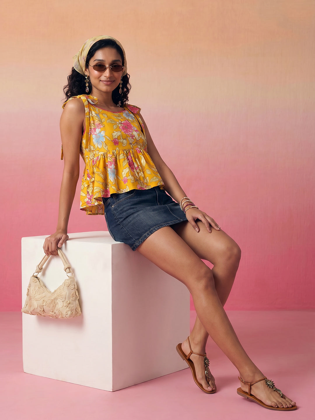 Janasya Mustard Peplum Cotton Top - Dista