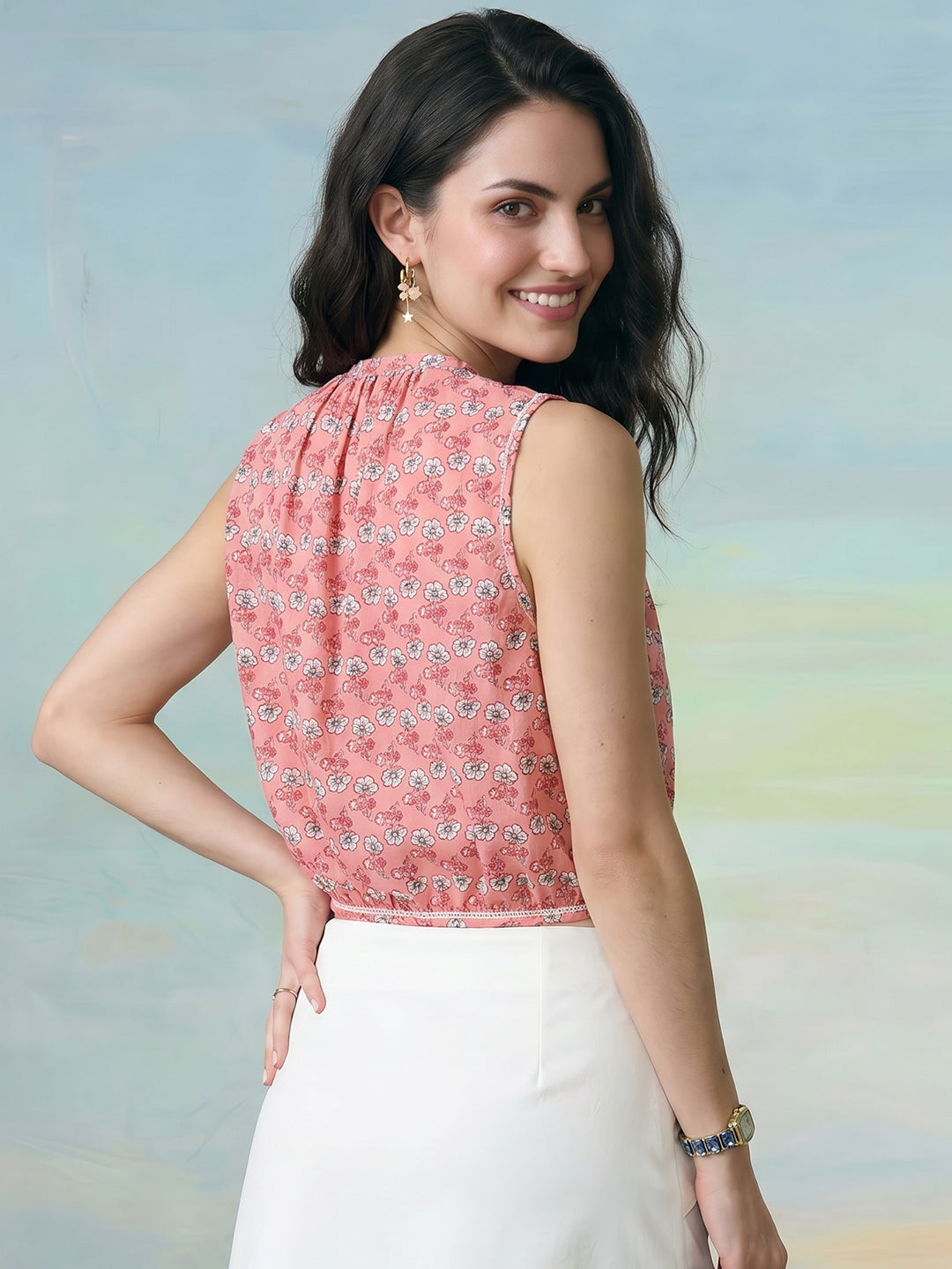Janasya Pink Crop Cotton Top - Dista