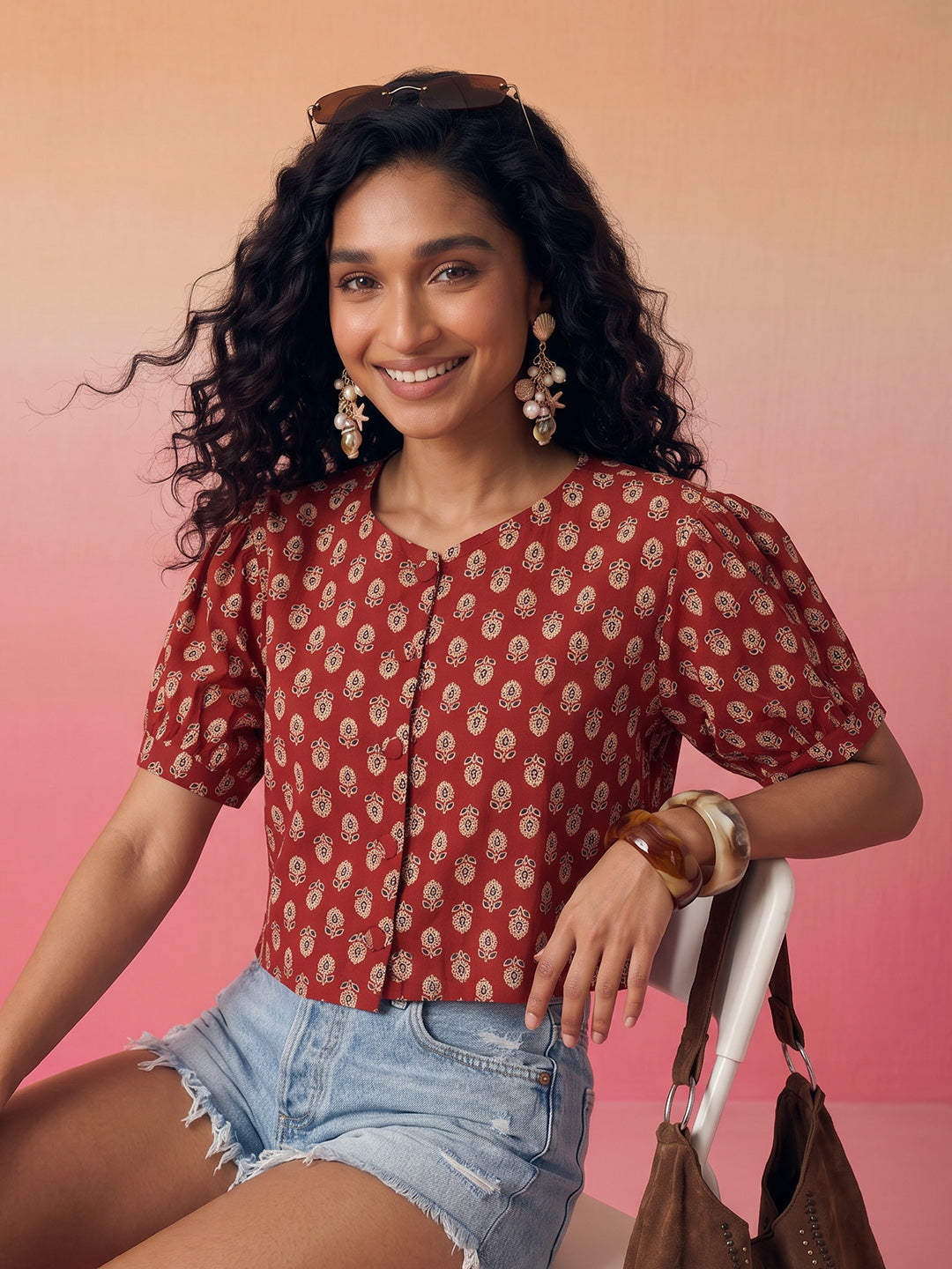 Janasya Maroon Crop Cotton Top - Dista