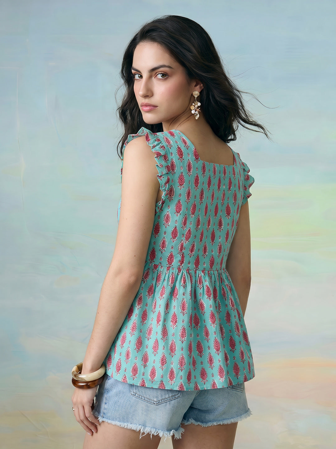 Janasya Sky Blue A-Line Cotton Top - Dista