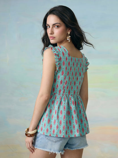 Janasya Sky Blue A-Line Cotton Top - Dista