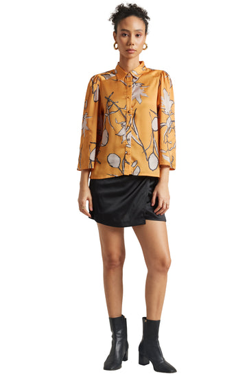 Zaccai Women's Mustard Satin Abstract Top - Distacart