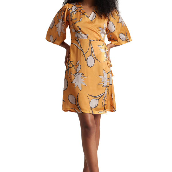 Zaccai Women's Mustard Satin Floral Dress - Distacart