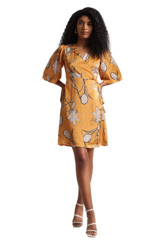 Zaccai Women's Mustard Satin Floral Dress - Distacart