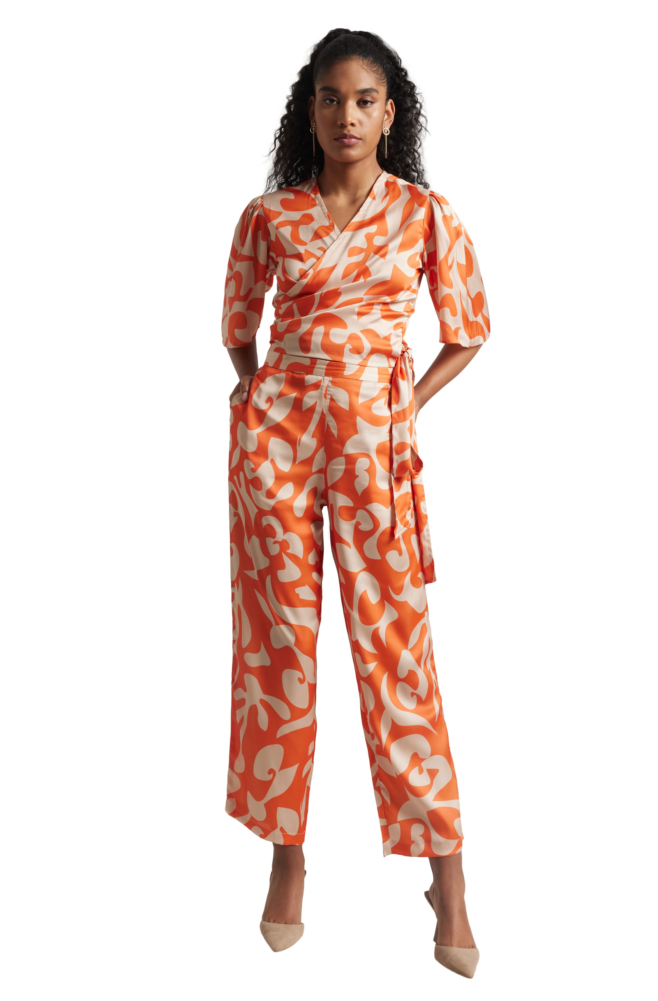 Zaccai Women's Orange Satin Abstract Co-ord Set - Distacart