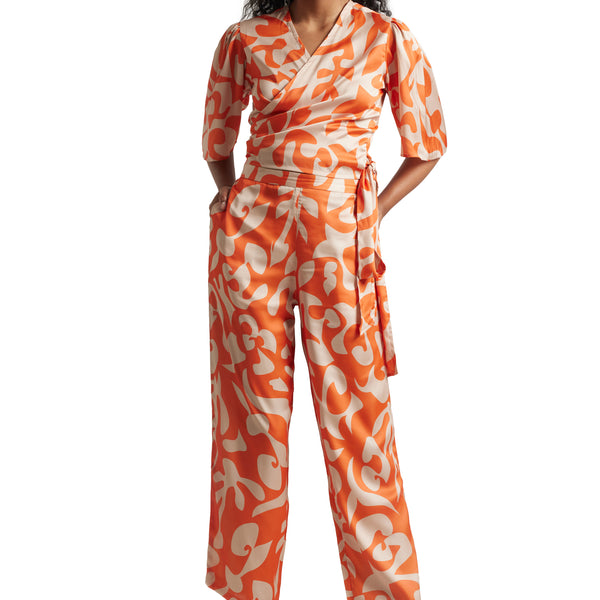 Zaccai Women's Orange Satin Abstract Co-ord Set - Distacart