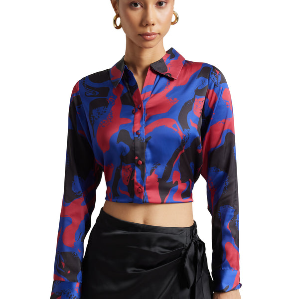 Zaccai Women's Blue Satin Abstract Top - Distacart