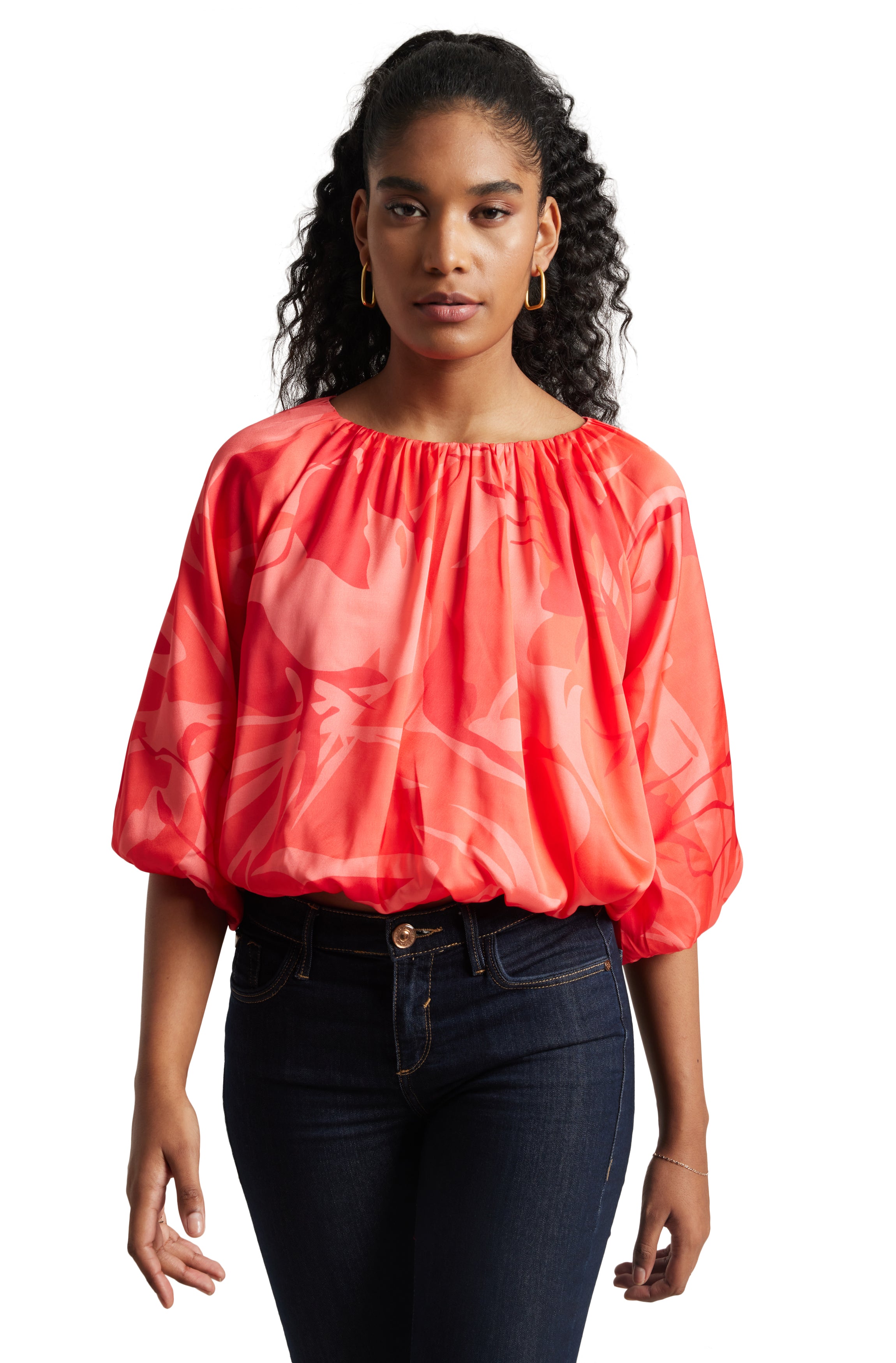Zaccai Women's Coral Satin Abstract Top - Distacart