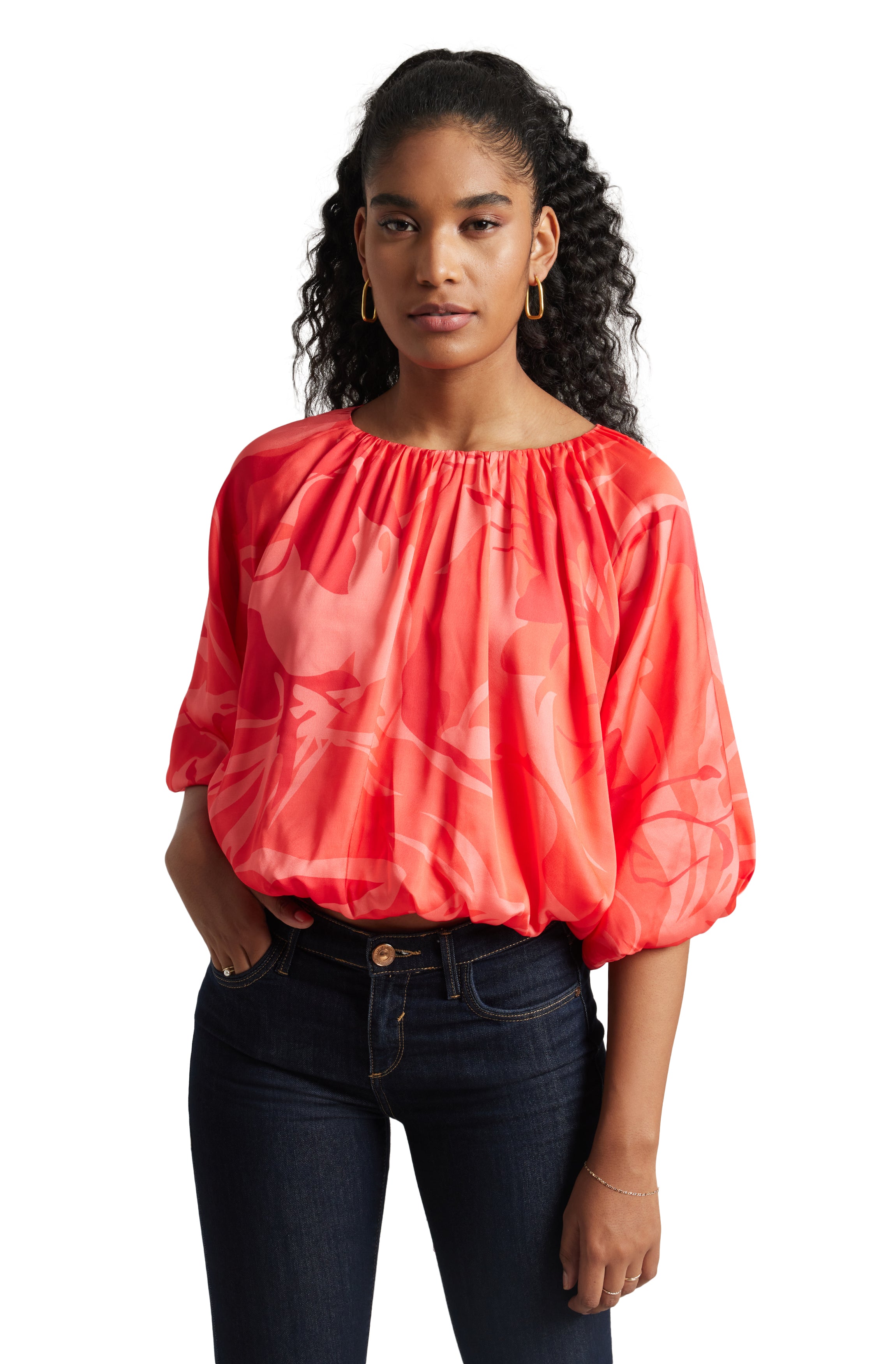Zaccai Women's Coral Satin Abstract Top - Distacart
