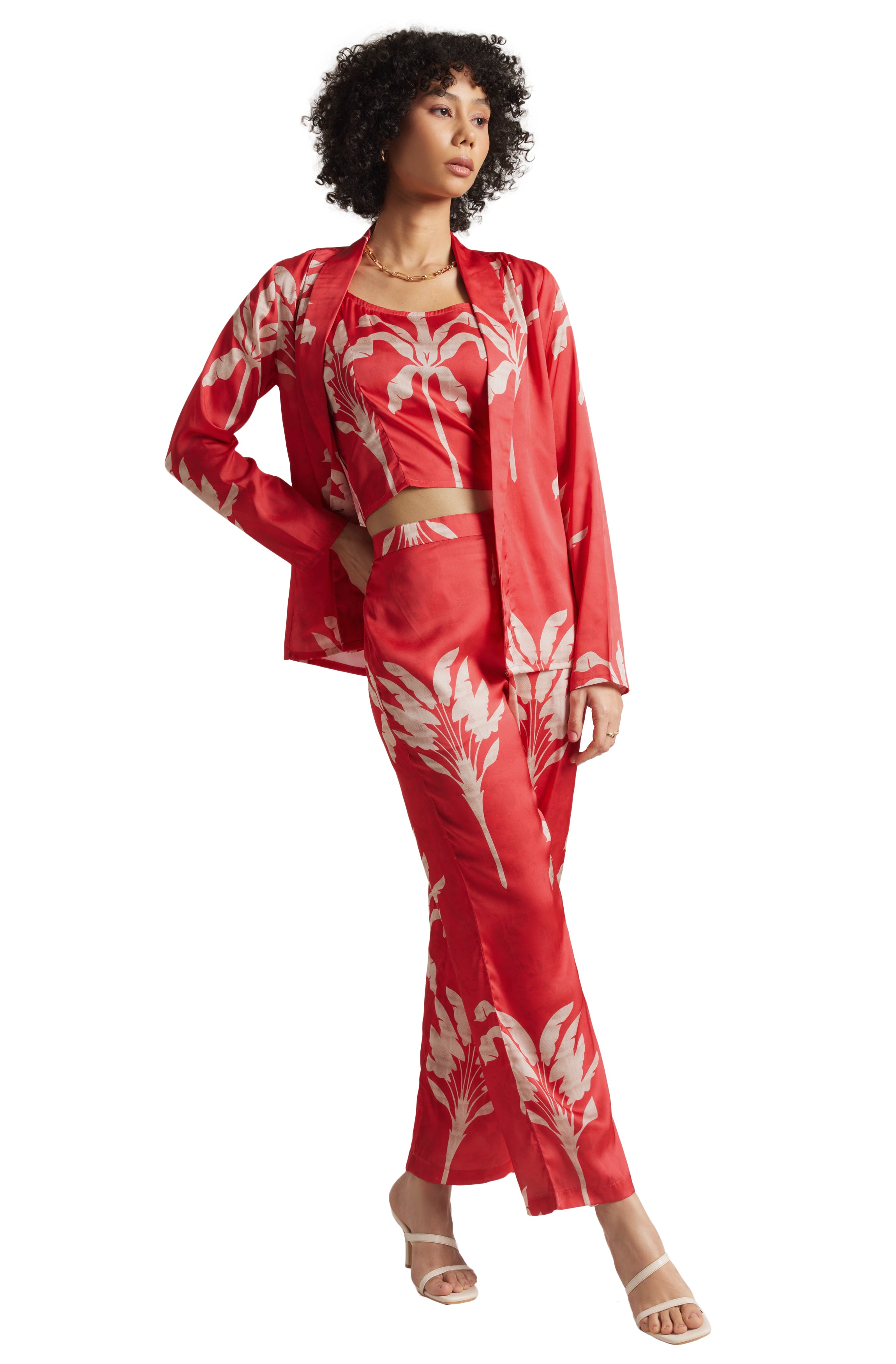 Zaccai Women's Red Satin Printed Co-ord Set - Distacart