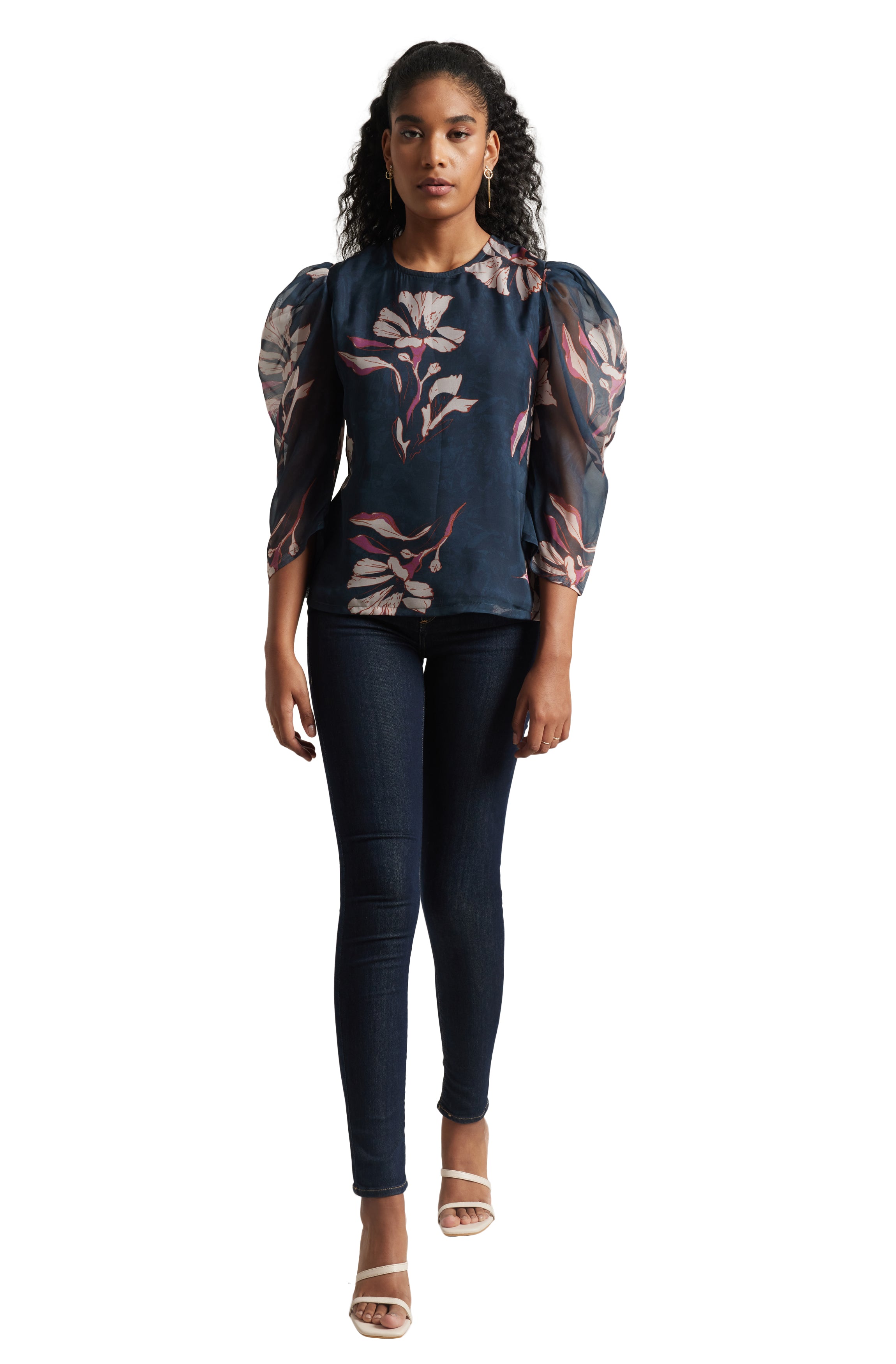 Zaccai Women's Navy Blue Organza Floral Top - Distacart