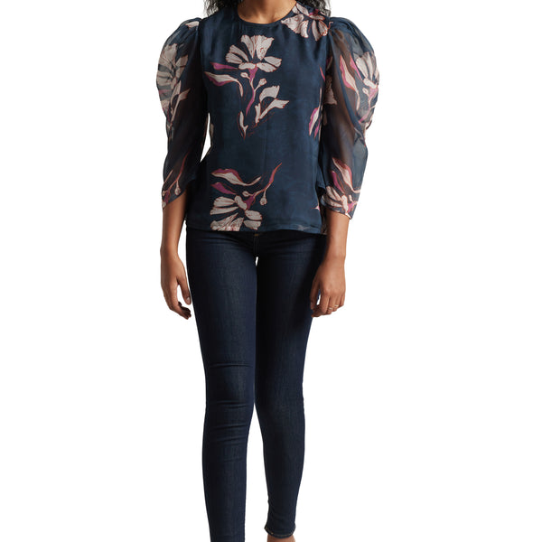 Zaccai Women's Navy Blue Organza Floral Top - Distacart