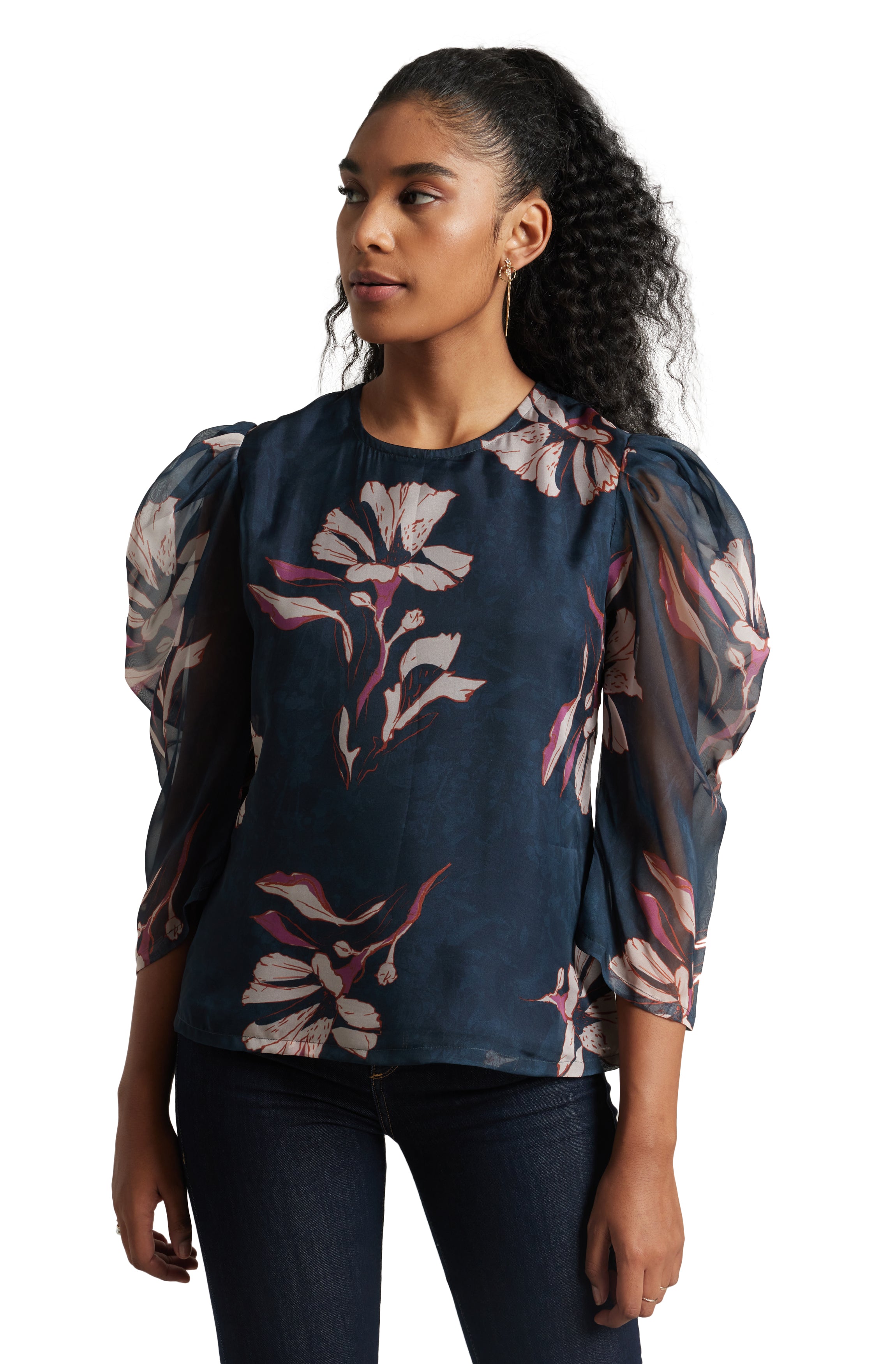 Zaccai Women's Navy Blue Organza Floral Top - Distacart
