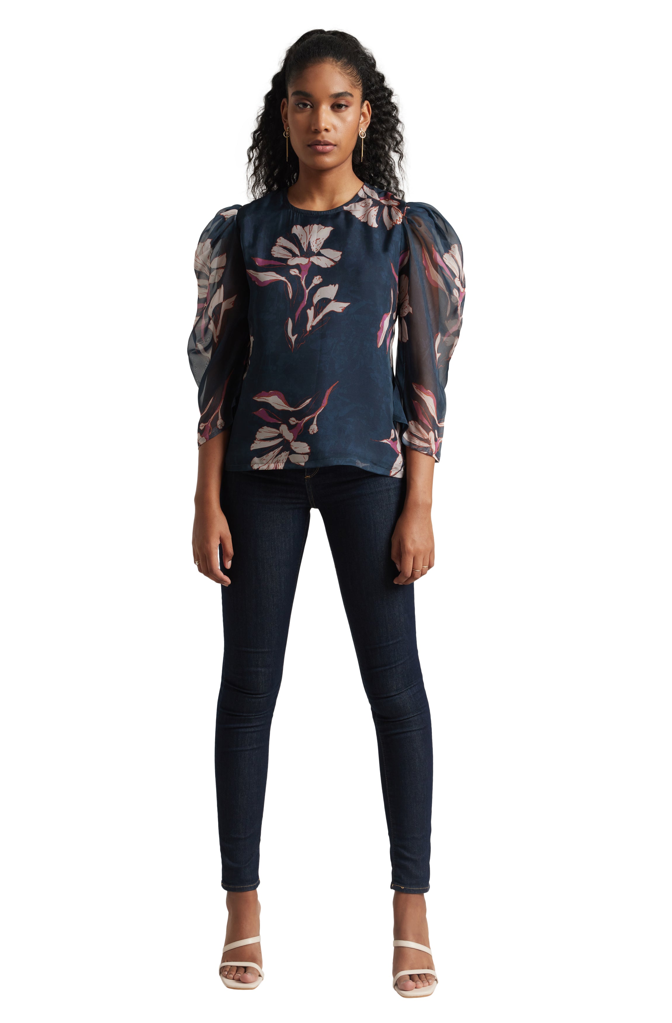 Zaccai Women's Navy Blue Organza Floral Top - Distacart