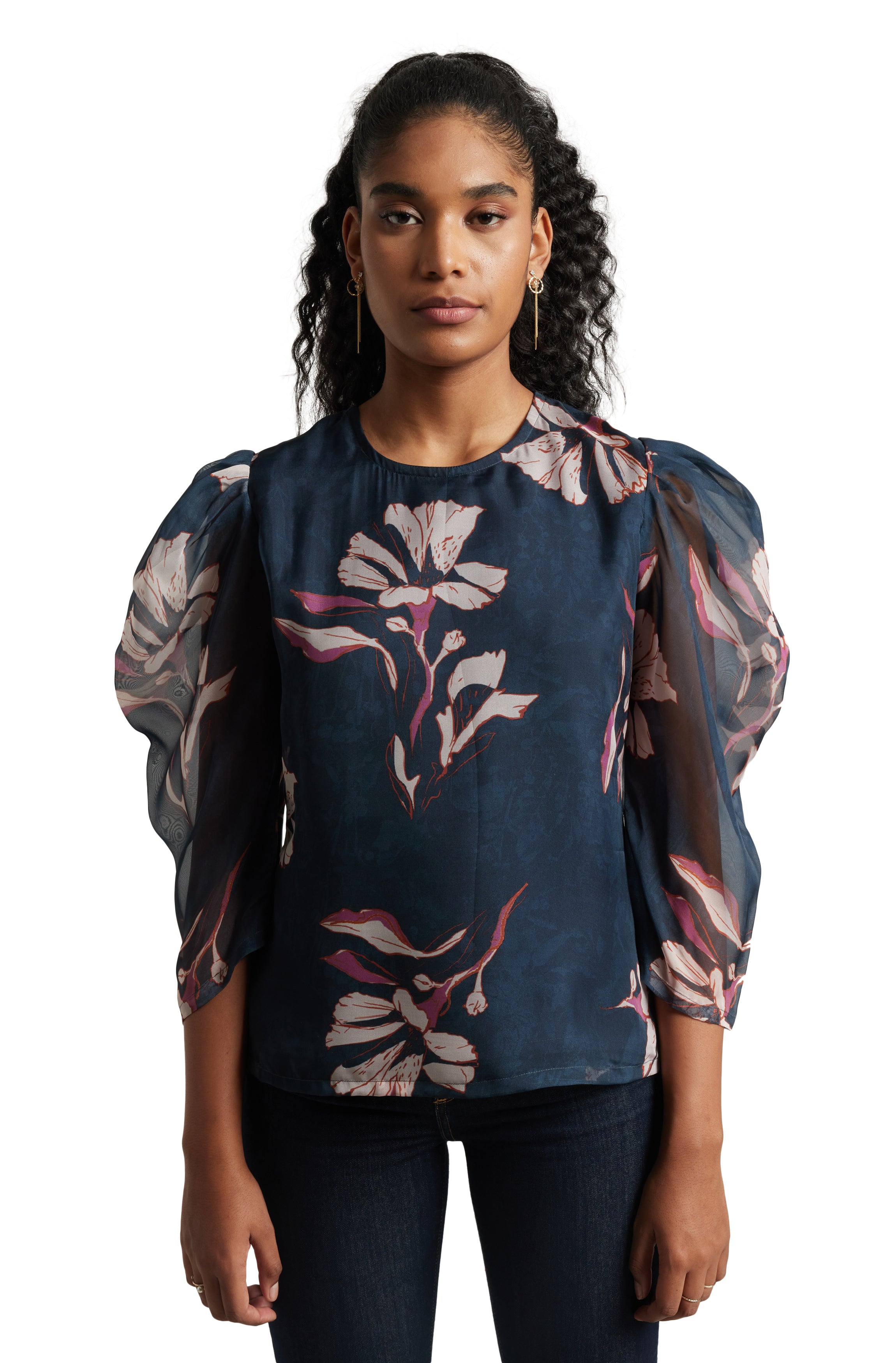 Zaccai Women's Navy Blue Organza Floral Top - Distacart