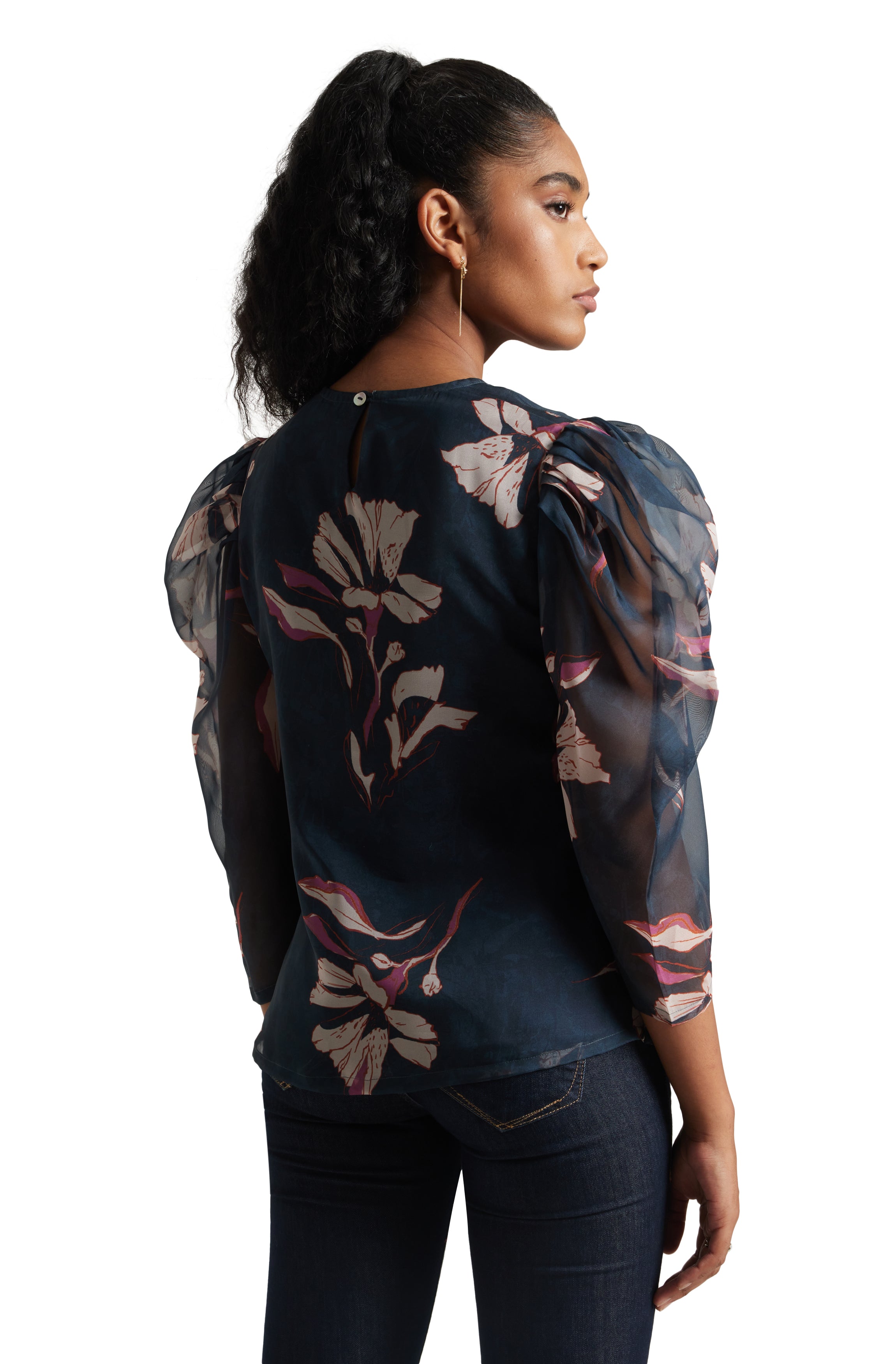Zaccai Women's Navy Blue Organza Floral Top - Distacart
