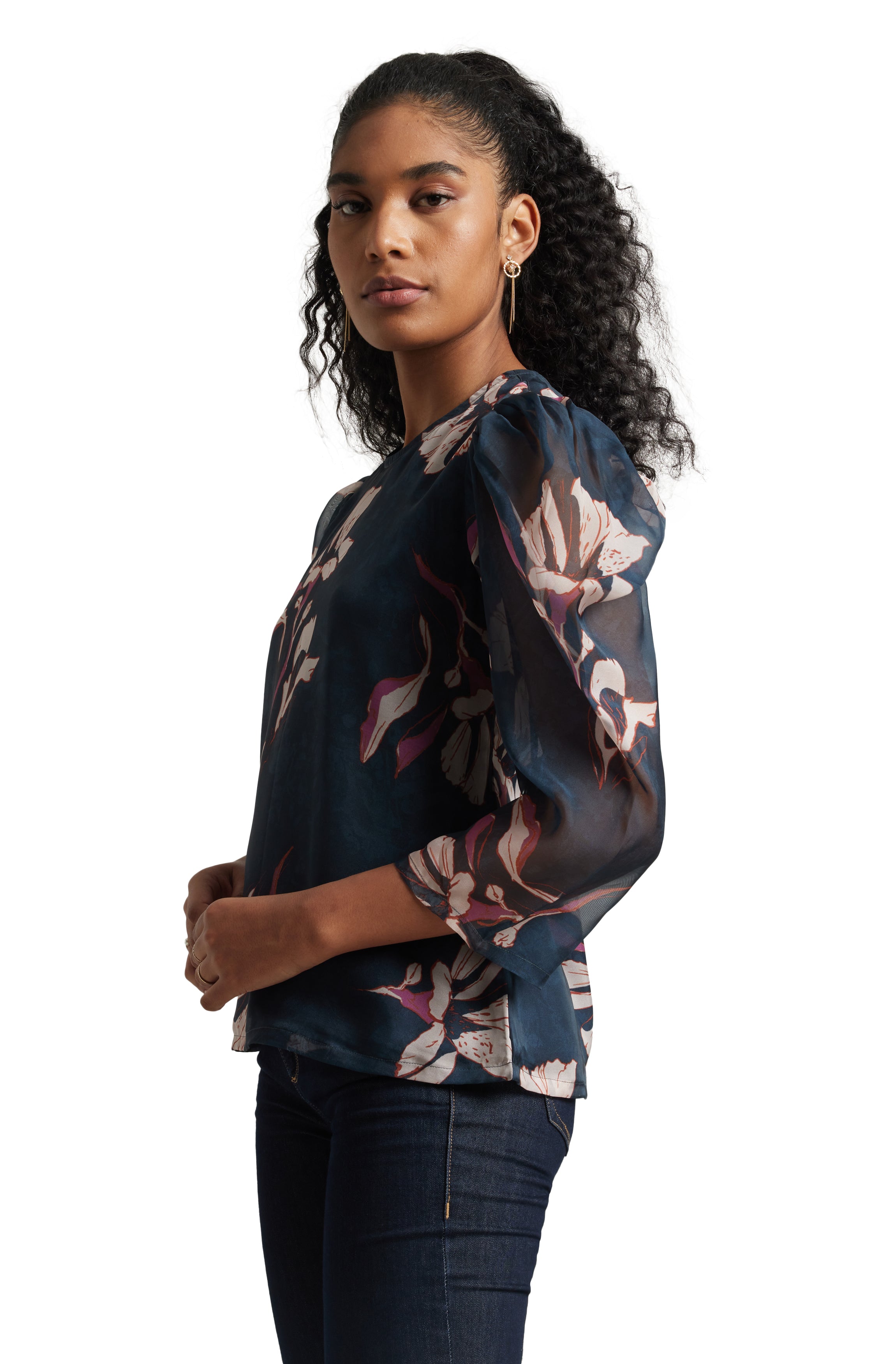 Zaccai Women's Navy Blue Organza Floral Top - Distacart