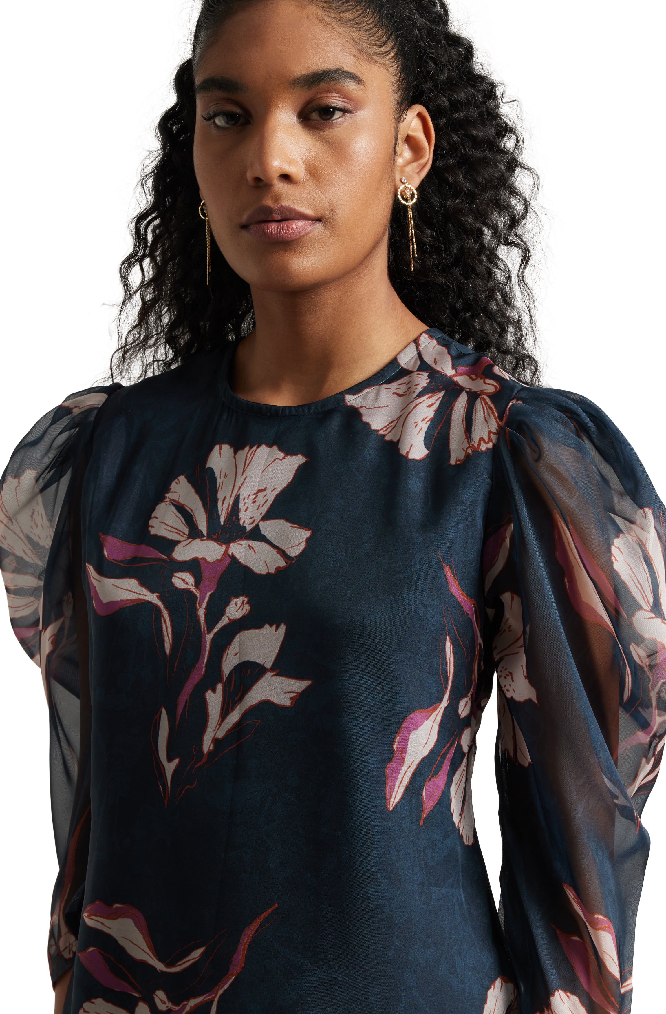 Zaccai Women's Navy Blue Organza Floral Top - Distacart