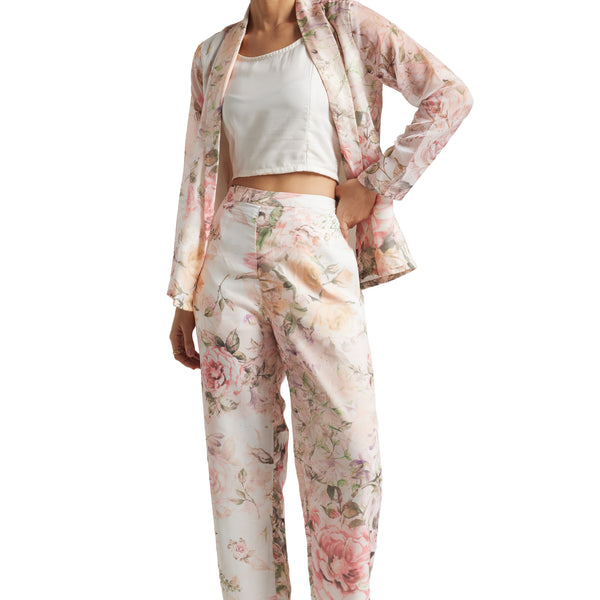 Zaccai Women's Beige Organza Floral Co-ord Set - Distacart