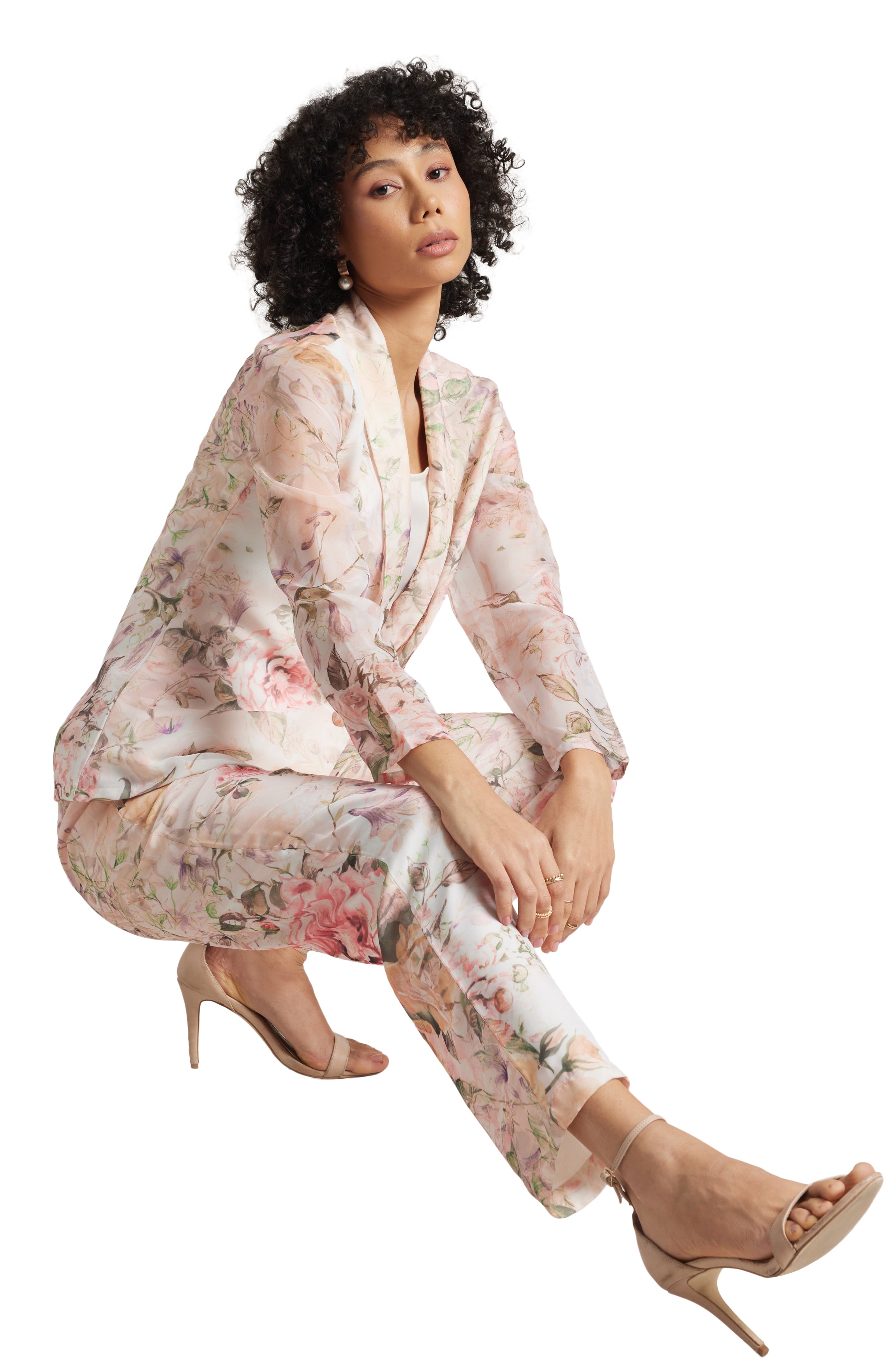 Zaccai Women's Beige Organza Floral Co-ord Set - Distacart